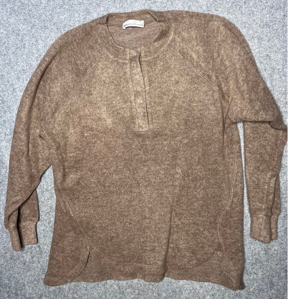 Zenana Henley Snap Top Brown Long Sleeve Sweater HT-2321A Raglan S/M NWOT - Picture 2 of 5